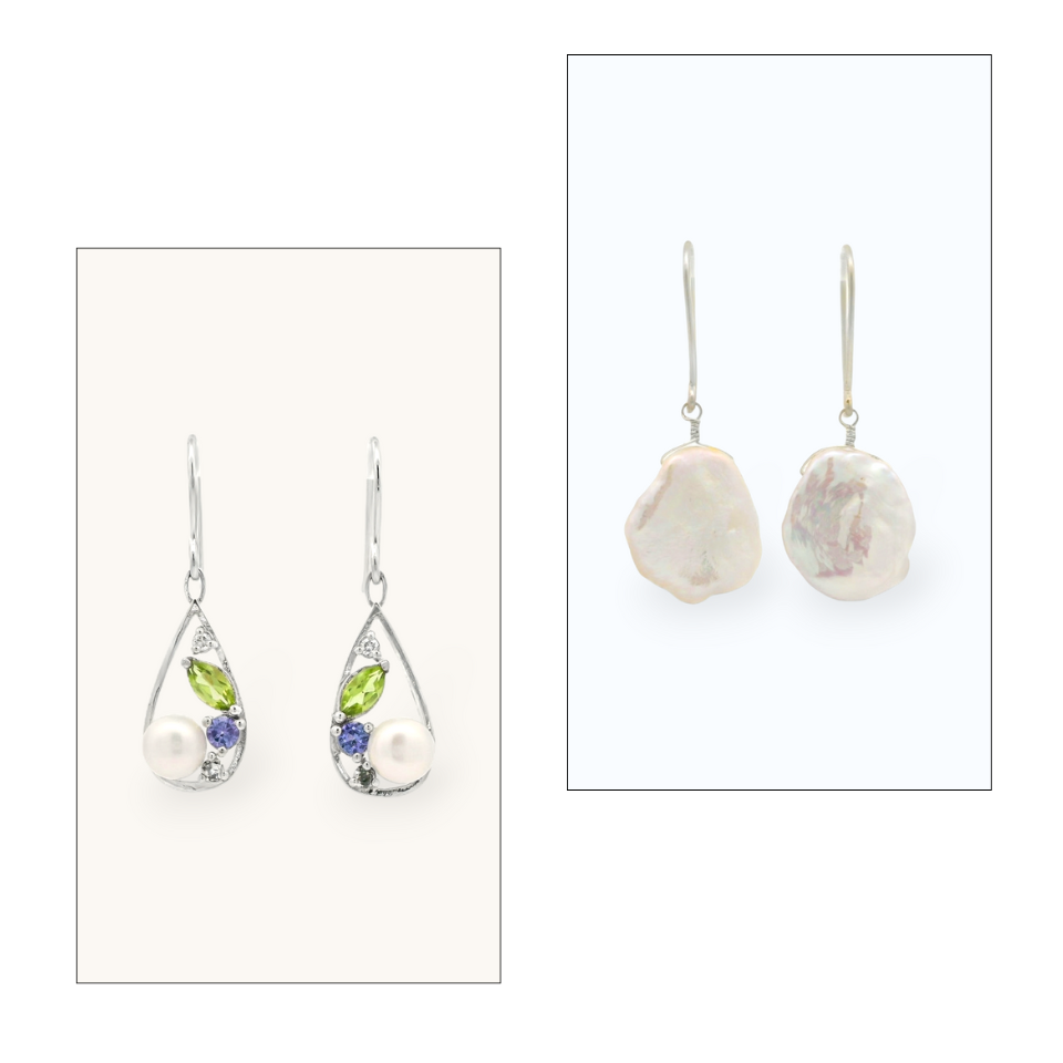 Mirinn Hero image featuring two earrings, one featuring a petal pearl pair, and a drop pearl earring set with gemstones.